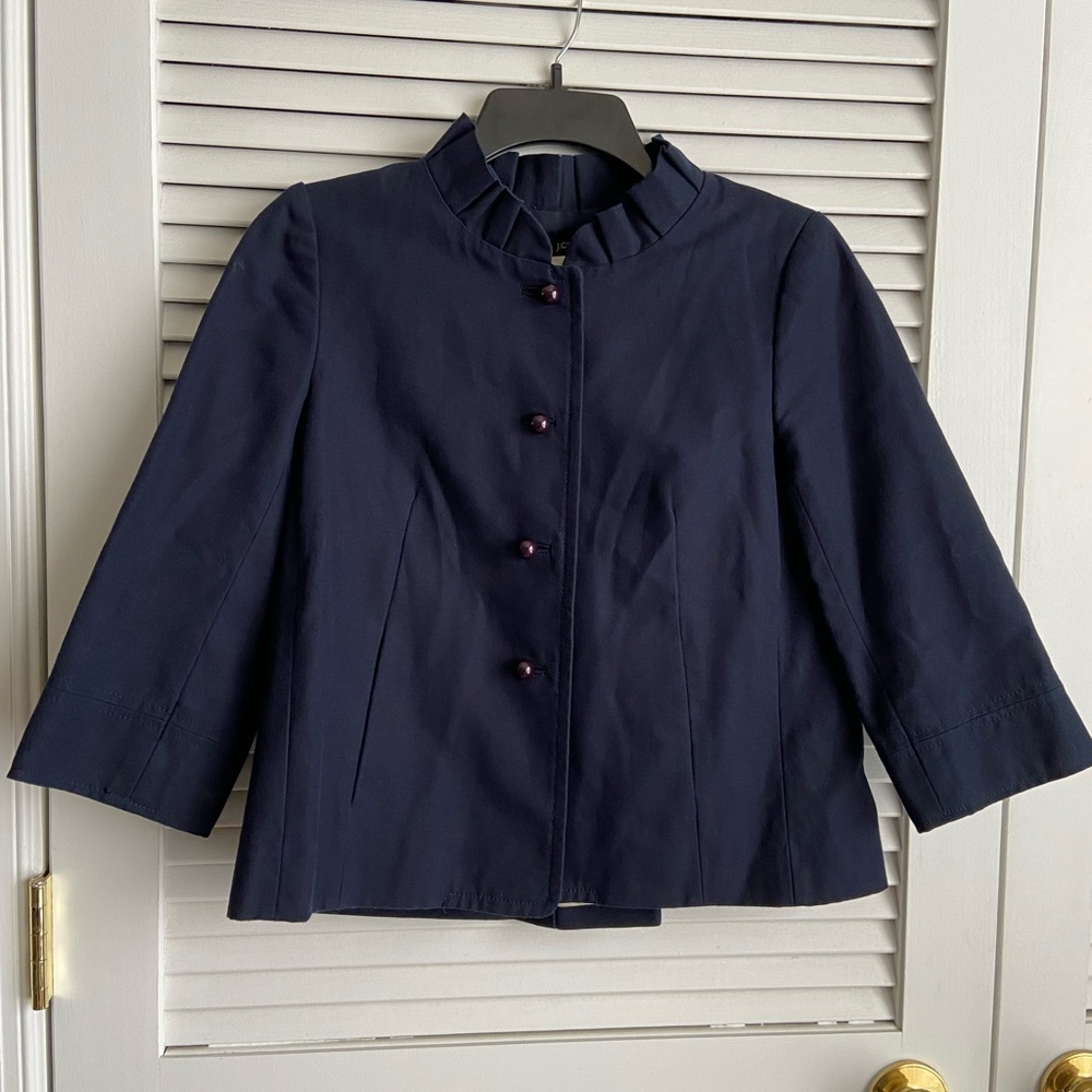 J Crew Navy Blue Ruffle 3/4 Sleeve Jacket